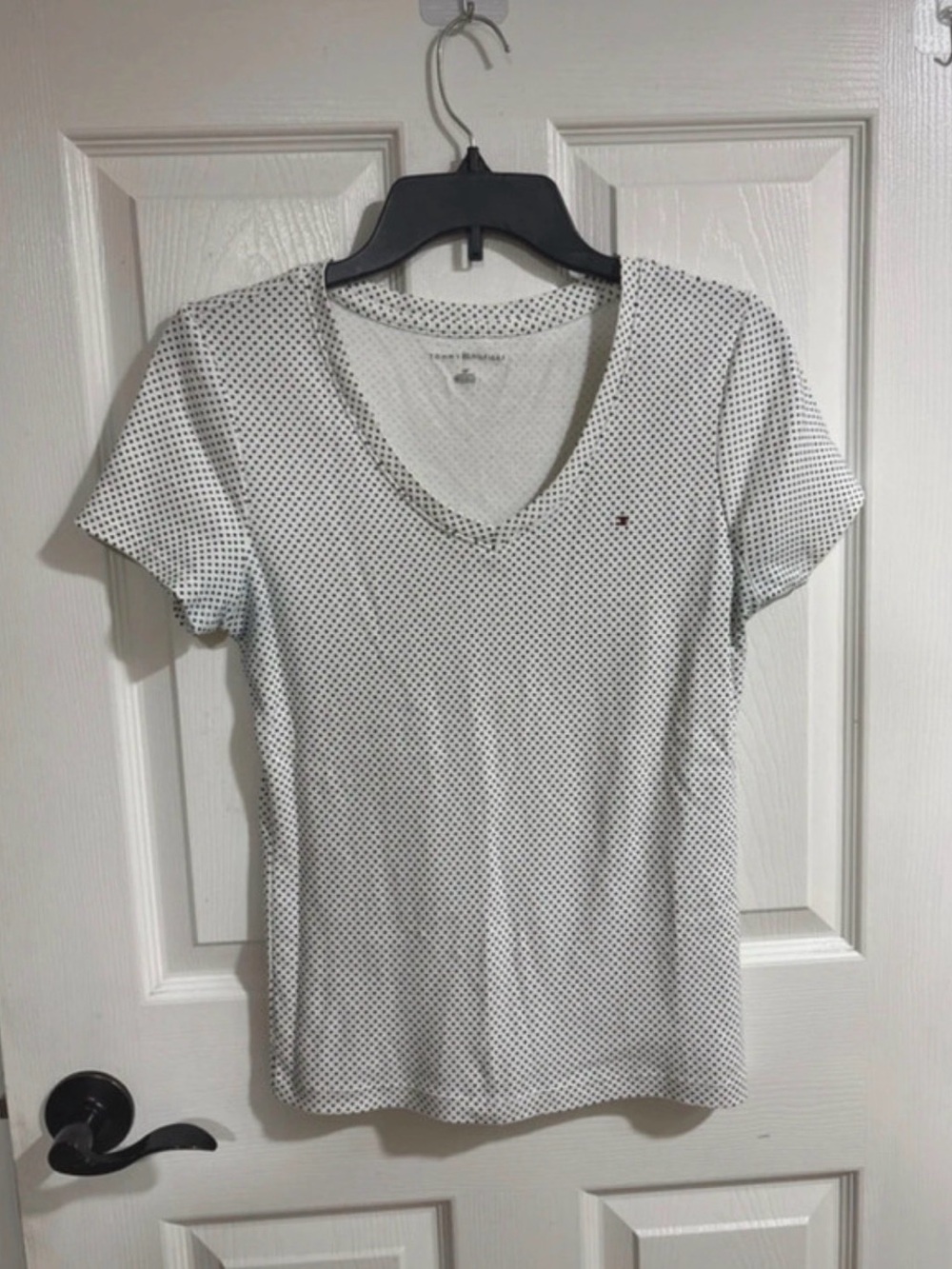 Tommy Hilfiger White Tee with Black Micro Dot V‑Neck